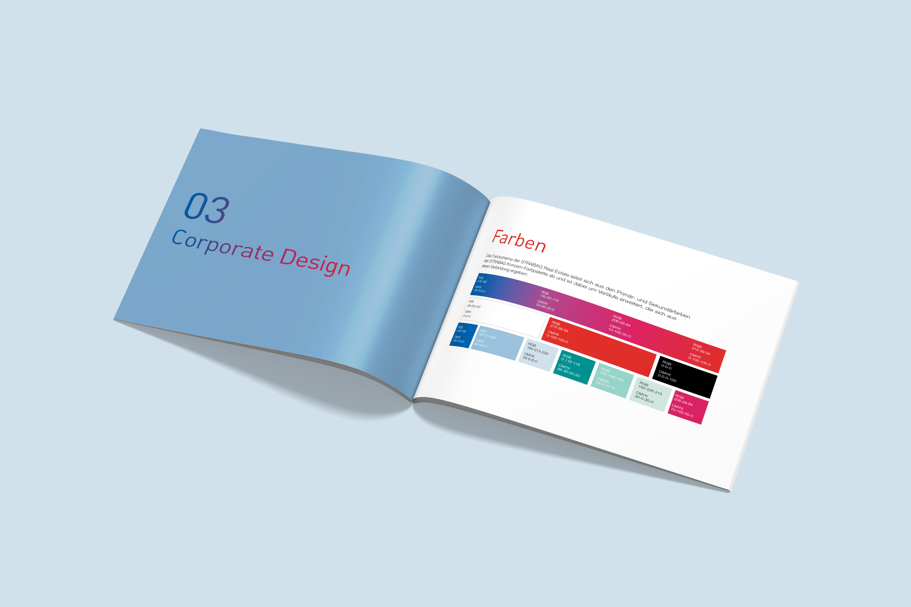 Aufgeschlagenes Strabag Corporate Design Manual, wo man die Corporate Farben sieht